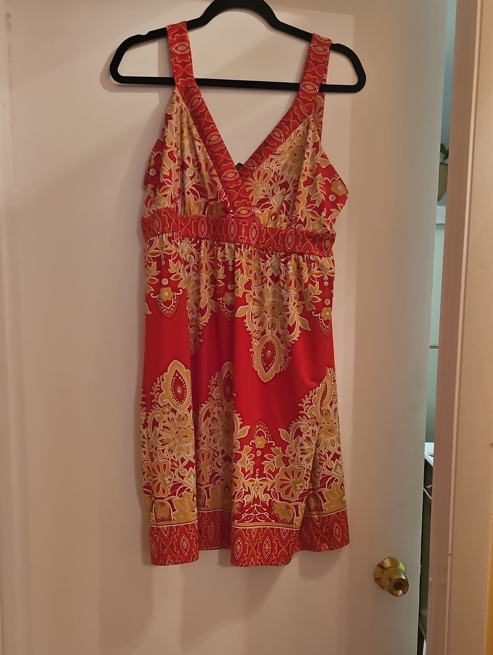 INC International Concepts Red and Gold Empire-Waist Midi Dress